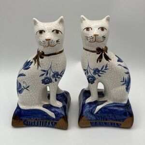 2 Vtg Crackle Glazed Ceramic Ceramic Ceramic Cats / Staffordshire England Signed